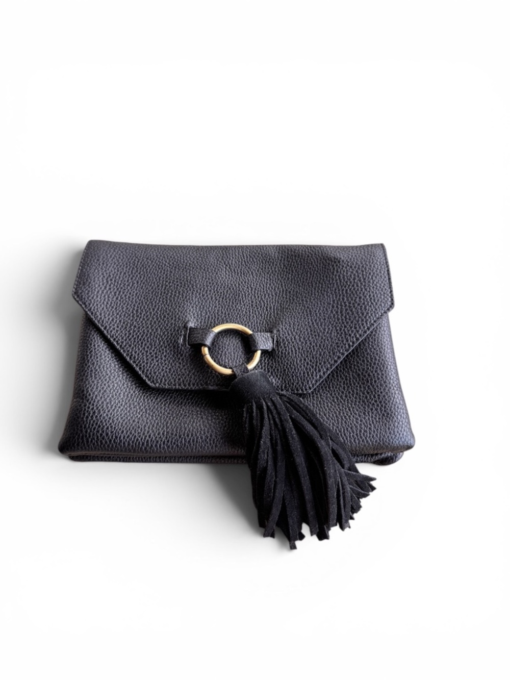 Anthropologie Black Pebbled Leather Envelope Clutch Tassel Boho EUC